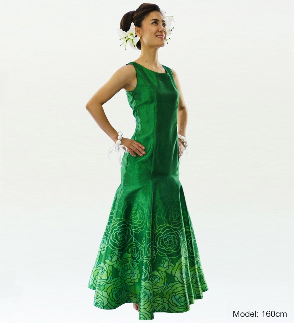 【大きめサイズ】MUUMUU FACTORY フラダンスドレス グリーン　長袖 大きめサイズ】MUUMUU FACTORY フラダンスドレス グリーン 長袖