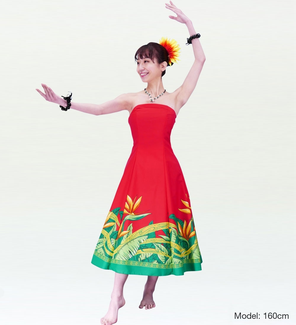 フラダンス用葉柄ストラップレスドレス フラダンスムームー