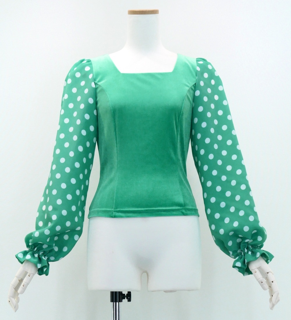 フラメンコブラウス青緑 【sale】Sサイズ フラメンコ ブラウス 水玉