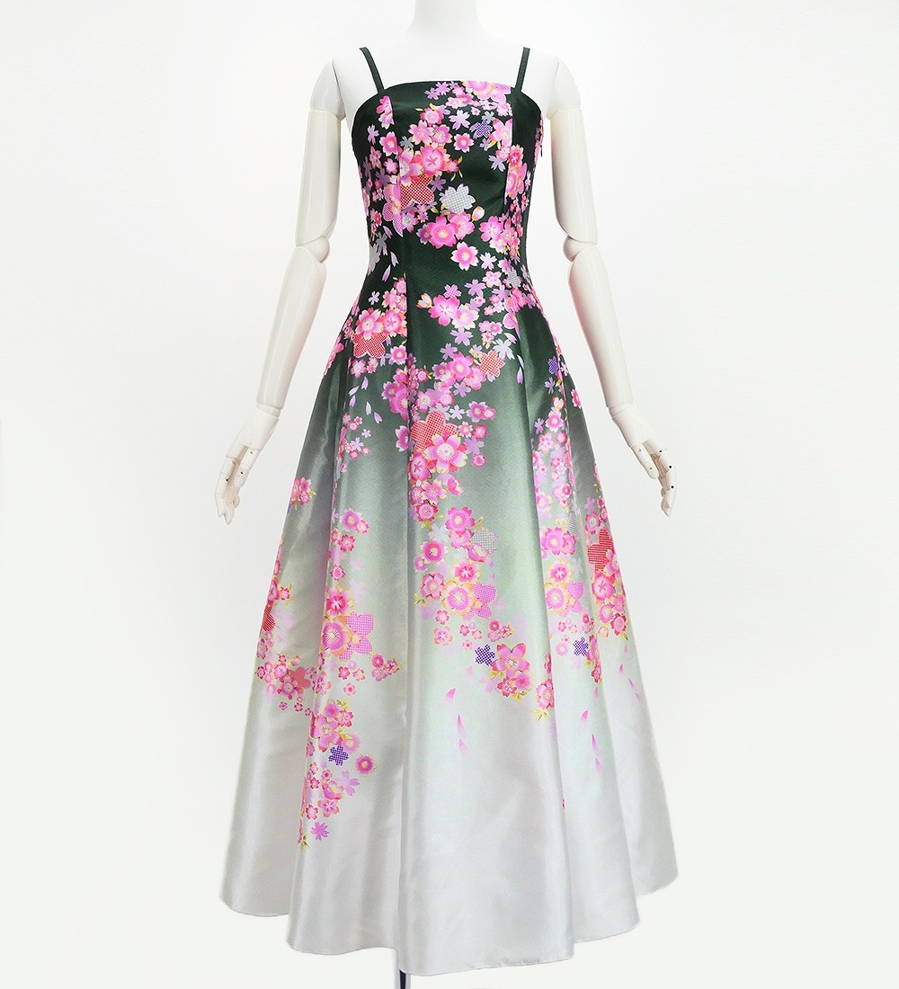 和柄ドレス ロング丈 桜 ブラック（黒） JW001bk kimono dress