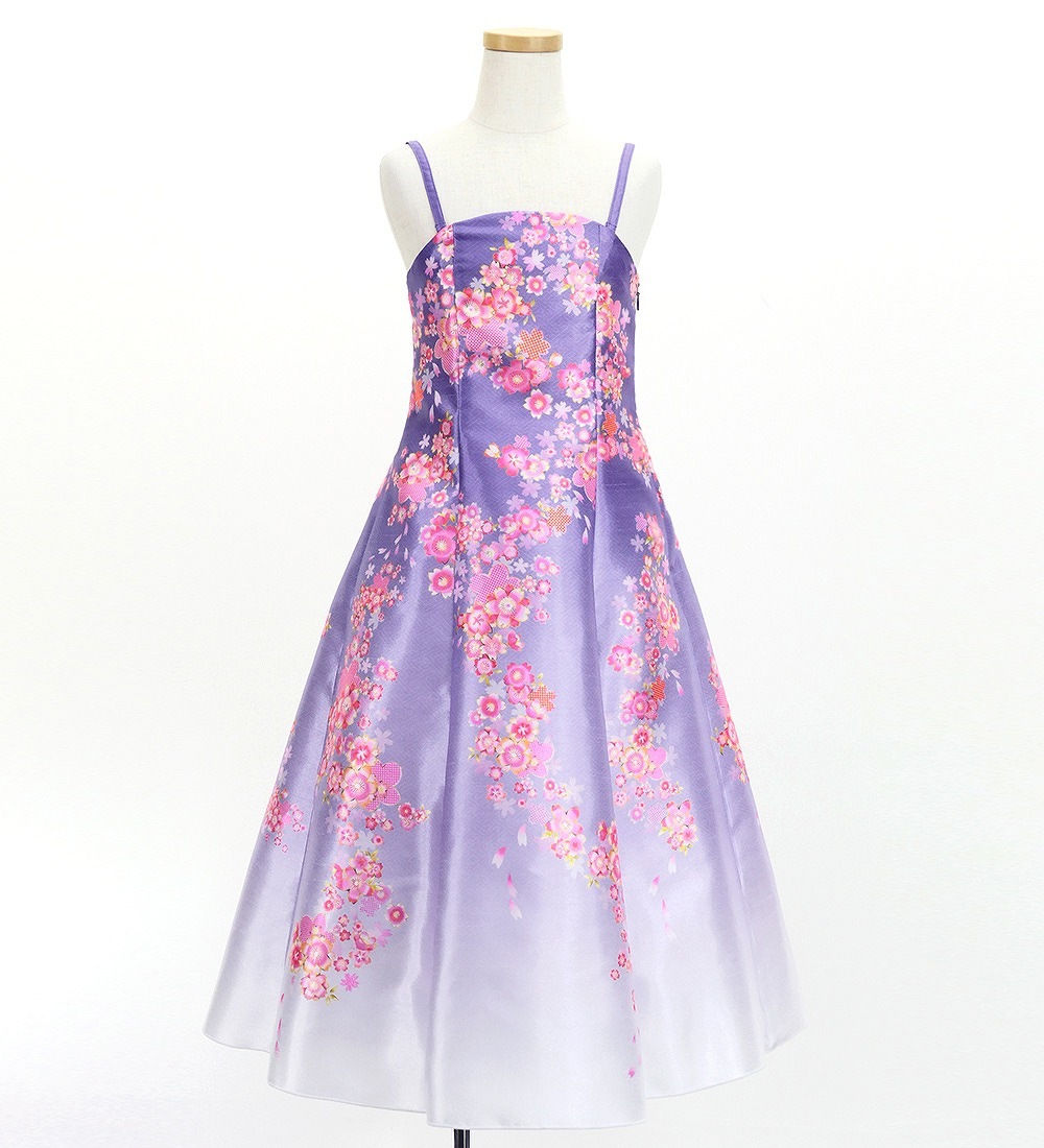 和柄ドレス キッズ ロング丈 桜 ライトパープル（薄紫