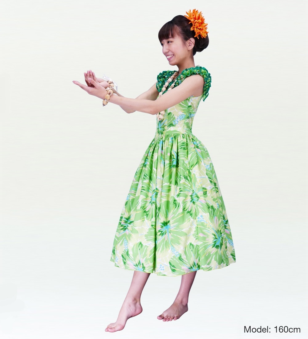 【美品 フラメンコ衣装】イエローグリーン×フリル ドレス 胸パット付き フラダンス ムームー フリル ミディ丈ドレス イエロー Fサイズ