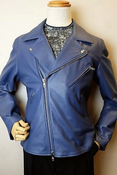 ラウラフェリーチェ Laura Felice ライダースジャケット ブルー 秋冬パターンオーダー承り品 レザーブルゾン メンズウェア画像１