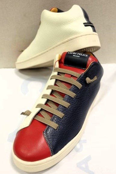 ラウラフェリーチェ LauraFelice レザースニーカー レッドネイビーホワイト パターンオーダー承り品 ミドルカット メンズシューズ画像1
