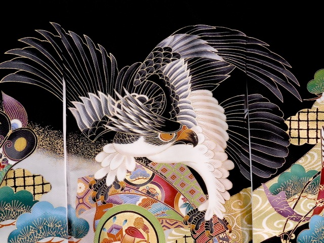 お宮参り着物正絹（初着・産着）男児G3-3 鷹に熨斗目・鼓柄 黒地 5