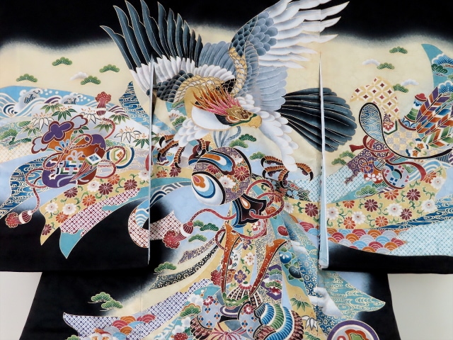 新品「最高級品」男子正絹産着祝着京友禅大鷹多色手描き染、特選豪華盛金祝い熨斗文 1_000000001006.jpg?1678209904
