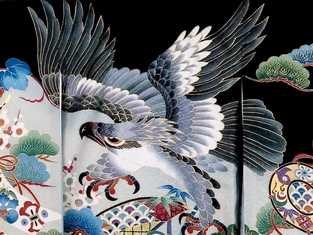 お宮参り着物正絹（初着・産着）男児G2-6鷹に兜・松の柄 黒地 5大