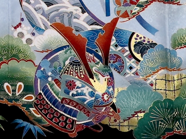 お宮参り着物正絹（初着・産着）男児G2-6鷹に兜・松の柄 黒地 5大