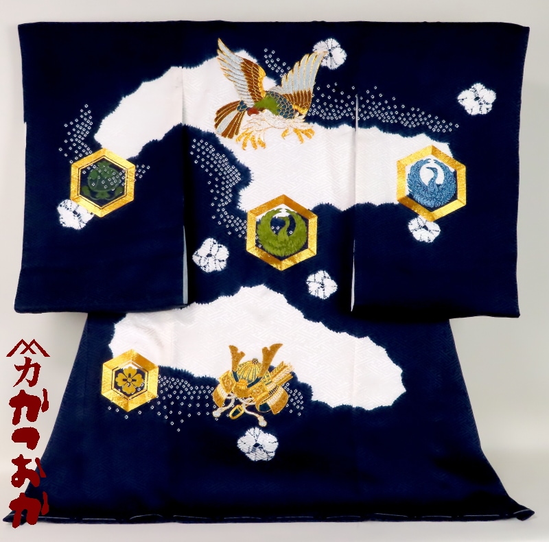 お宮参り着物正絹（初着・産着）男児G7-53 鷹に兜・打ち出の小槌柄