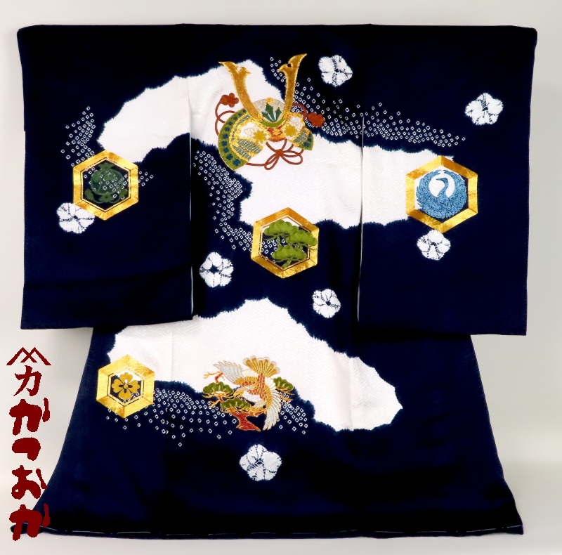 お宮参り着物正絹（初着・産着）男児G7-54 兜に鷹・打ち出の小槌柄