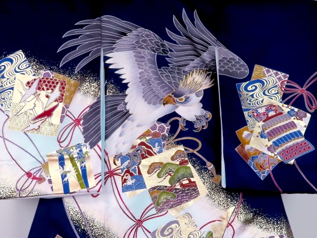 お宮参り着物正絹（初着・産着）男児G5-29 鷹に兜・松の柄 黒地 5