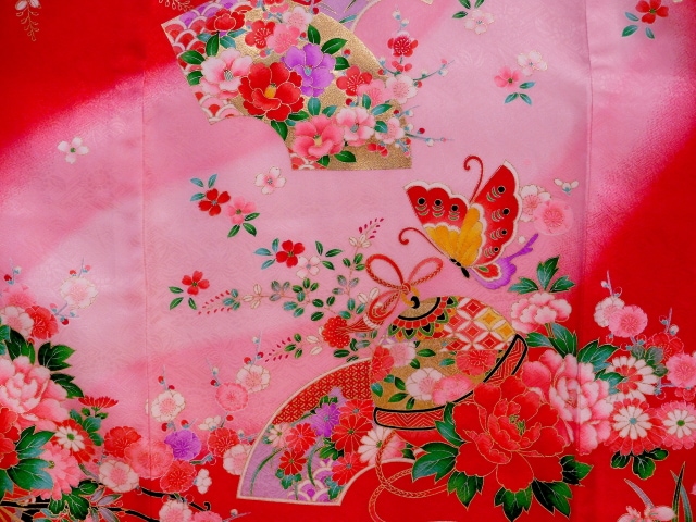 お宮参り着物正絹（初着・産着）女児G5 -4 花車に扇面・蝶々