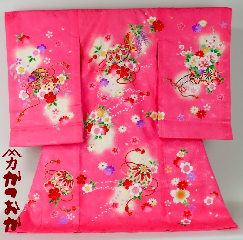 お宮参り着物正絹（初着・産着）女児G3-9 手毬に花車・鼓に華の柄 