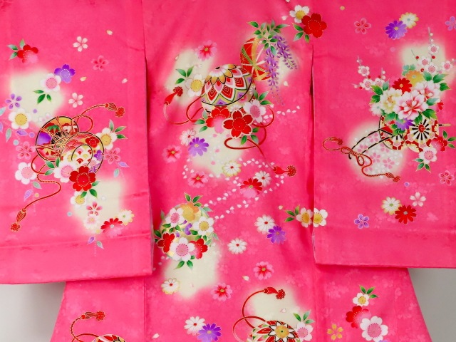 お宮参り着物正絹（初着・産着）女児G3-9 手毬に花車・鼓に華の柄