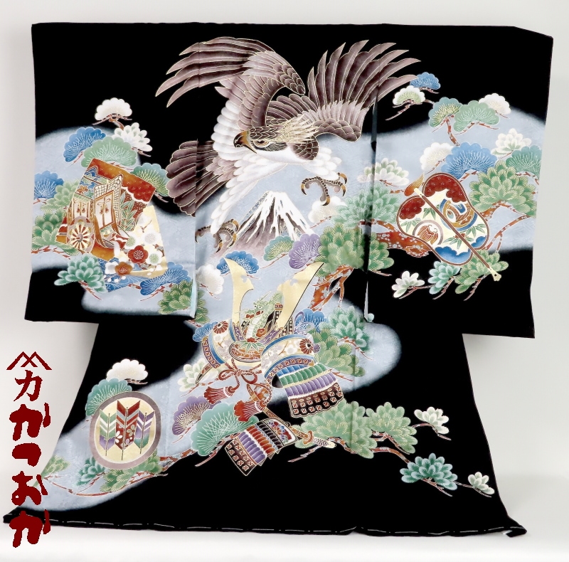 黒地 鷲と花模様 着物 絹製 黒地 鷲と花模様 着物 絹製