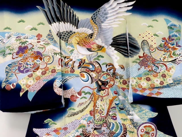 【新品/日本製】正絹 刺繍入り 高級京友禅 お宮参り 男の子 産着 襦袢付 鷹 新品/日本製】正絹 刺繍入り 高級京友禅 お宮参り 男の子 産着 襦袢付