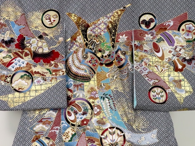 正絹豪華着物　お宮参り用小物セット お宮参り着物正絹（初着・産着）男児G4-3 兜に打ち出の小槌・熨斗目柄