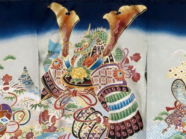 お宮参り着物正絹（初着・産着）男児G7-7 兜に熨斗目・馬具の柄 濃紺