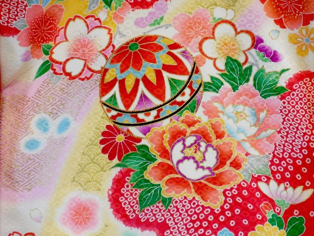 お宮参り着物正絹（初着・産着）女児G4-32 手毬に華柄 8大特典付