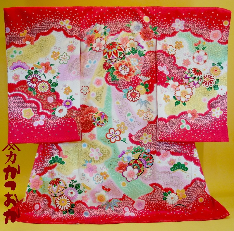 女児産着  手毬柄 お宮参り着物正絹（初着・産着）女児G4-32 手毬に華柄 8大特典付