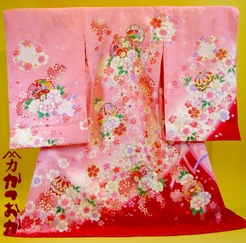 お宮参り着物正絹（初着・産着）女児G4-3 鈴につつみ・手毬ピンク地