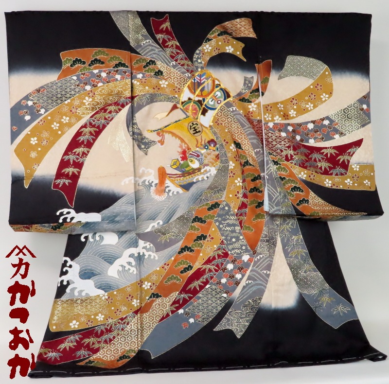 金色 家紋付き 絹 花柄 波模様 着物