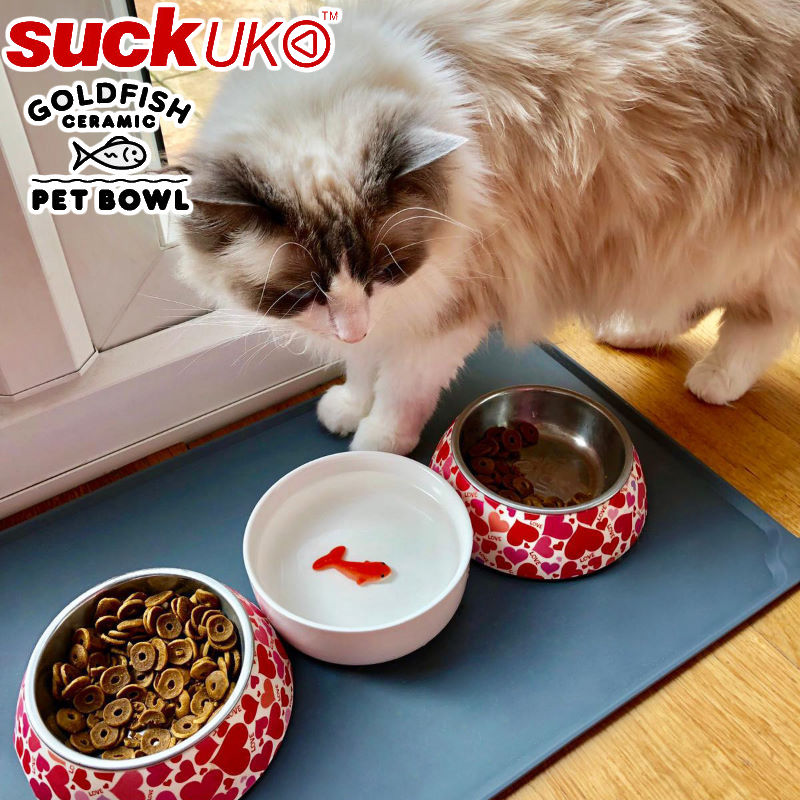 SUCK UK/サックユーケー Goldfish PetBowl ペットウォーターボウル 真っ白な陶器の真ん中に金魚がポツンと姿がシュールなウォーターボウル  直径125mm