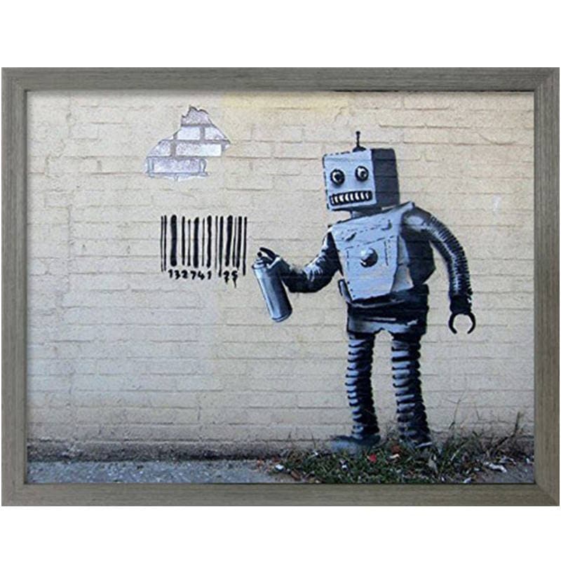  Banksy/バンクシー Robot ロボット アート パネル 壁掛けアート 近代アート 木製フレーム ウォールアート インテリア W380mm×H305mm×D32mm