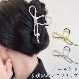 ヘアクリップ バンスクリップ ヘアアクセサリー レディース リボン パール メタル ゴールド シルバー 【送料pt100】|ヘアクリップ|ヘアアクセサリー
