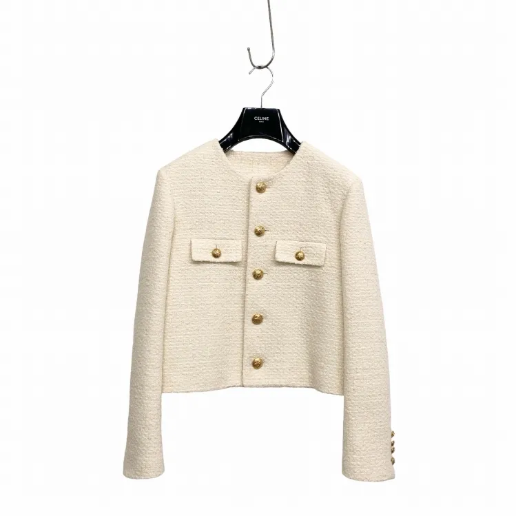 CELINE セリーヌ クロップド チェルシー ジャケット ツイード ノーカラー アイボリー 38 2V47E764L