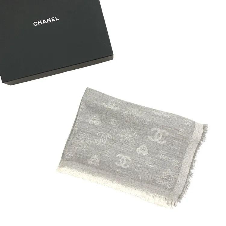CHANEL シャネル カシミヤシルクストール CC・ハート グレー