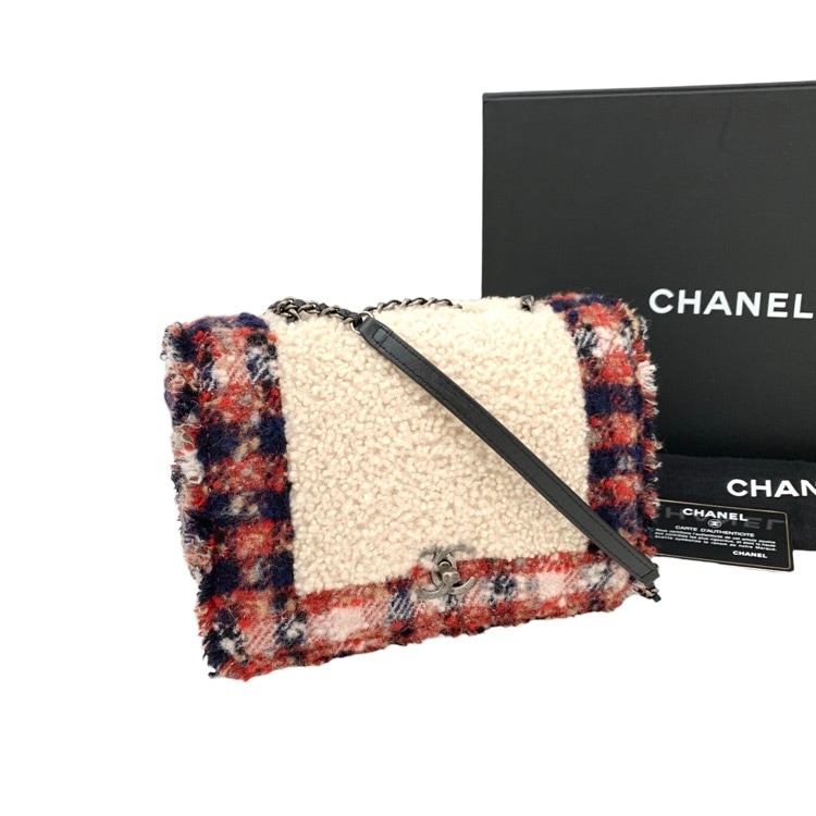 CHANEL シャネル シアリング チェックツイード チェーンショルダーバッグ ターンロック ボア 
