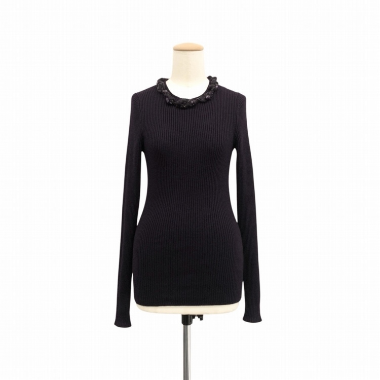 CHANEL シャネル ストーンビジュー付リブニットトップス カシミヤシルク セーター パープル P44878 K04733