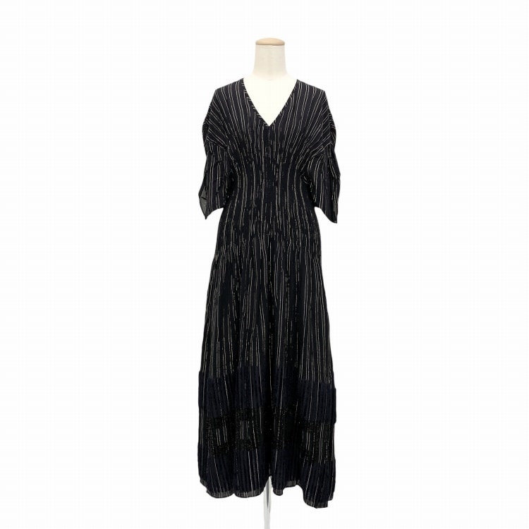 未使用品 Mame Kurogouchi マメクロゴウチ Shimmering Striped Shirring Dress ストライプワンピース ブラック×ゴールド 1 MM20FW-DR020