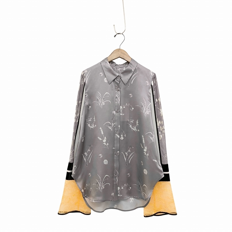 未使用品 Mame Kurogouchi マメクロゴウチ Silk Lame Print Sleeve Shirt レースカフスシャツ ブラウス グレー 1 MM19AW-SH043