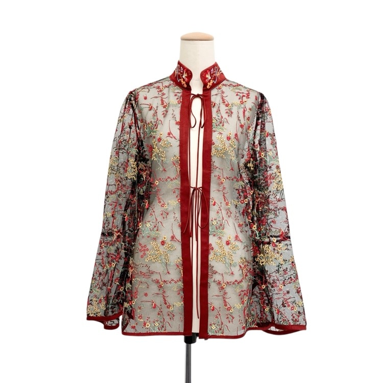 未使用品 2024AW Mame Kurogouchi マメクロゴウチ Floral Lace Stand Collar Shirt フラワーレースシアーシャツ ボルドー 2 MM24FW-SH005