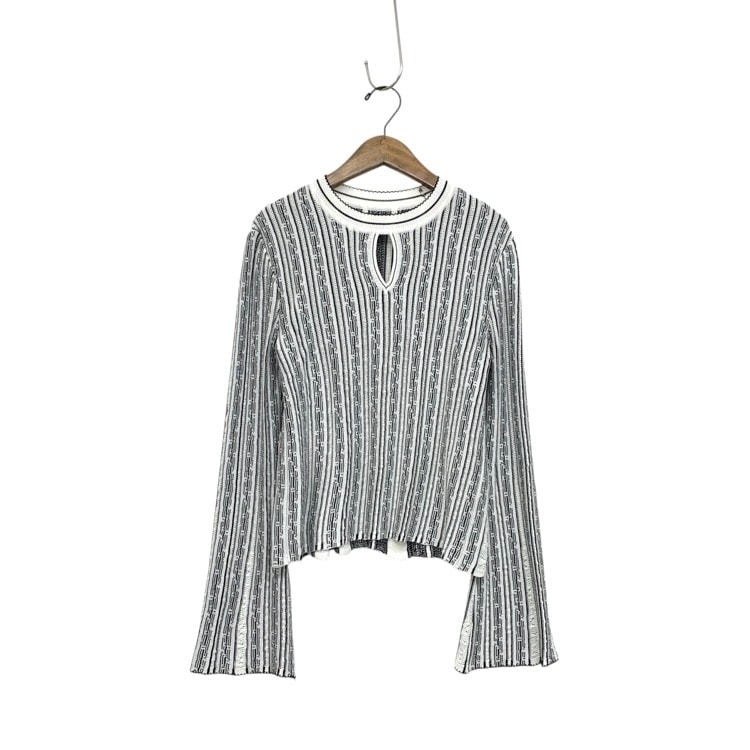 Mame Kurogouchi マメ クロゴウチ Floral Stripe Jacquard Knitted Pullover ストライプジャガードニットトップ ホワイト 2 MM21FW-KN017