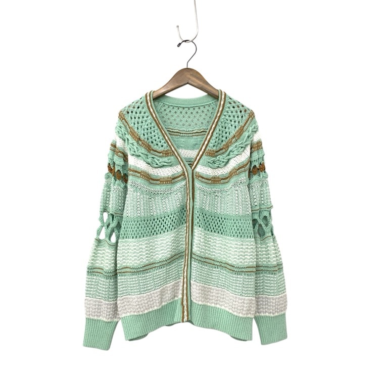 未使用 Mame Kurogouchi マメクロゴウチ Bamboo Basket Pattern Knitted Cardigan 花籠ニットカーディガン ミントグリーン 2 MM23SS-KN035