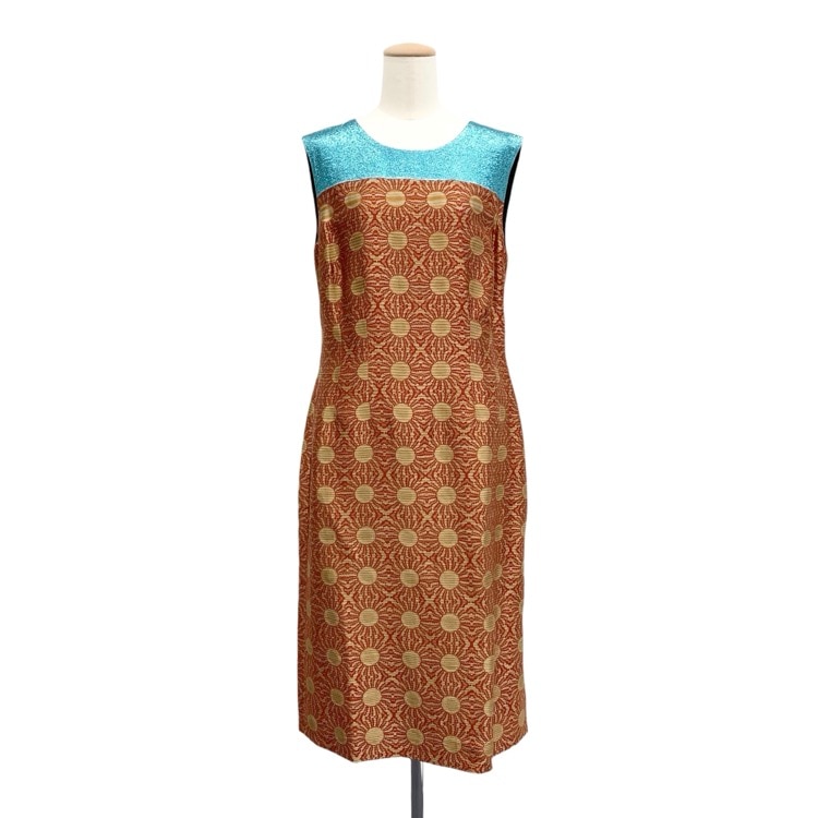 DRIES VAN NOTEN ドリスヴァンノッテン ドッキングワンピース ラメ刺繍 太陽柄 ノースリーブ ブルー×レッド 38