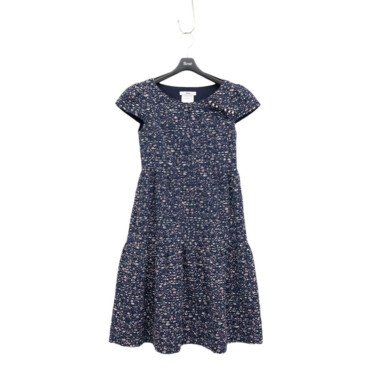Rene ルネ リボンブローチ付 ジャガード ワンピース ネイビー 34 6926470