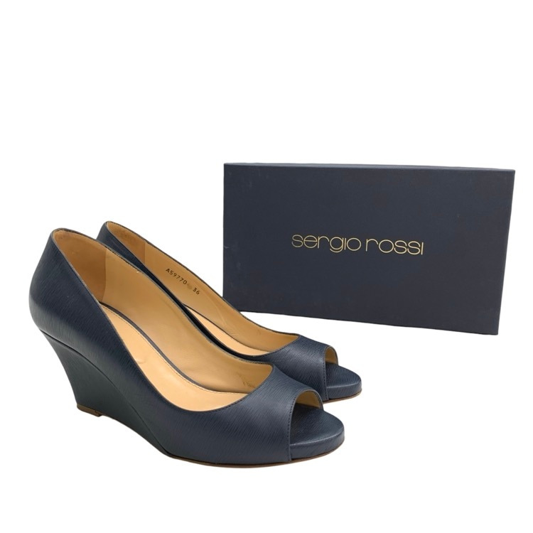 Sergio Rossi セルジオロッシ オープントゥ ウェッジ パンプス ネイビー 36 A59770