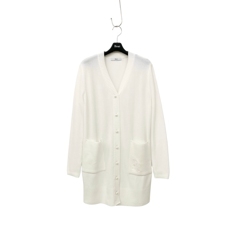 Rene ルネ リブニットロング カーディガン ロゴ刺繍 ホワイト 36 6212480