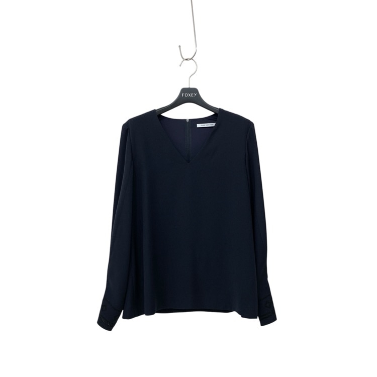 FOXEY NEWYORK フォクシー Vネック ポリエステル ブラウス カットワーク刺繍 ネイビー 40 38638-NSTFN