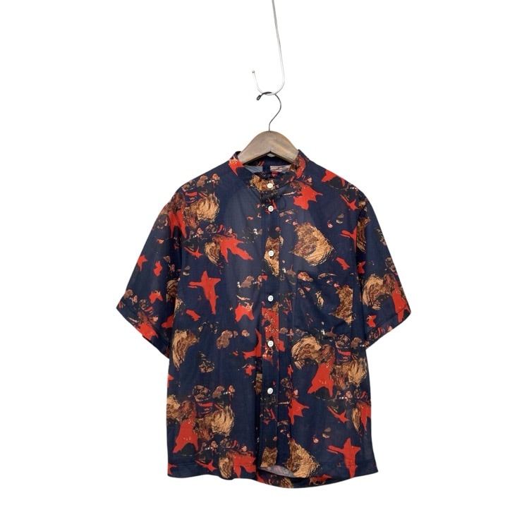 未使用品 TOGA PULLA トーガプルラ Print shirt バックオープンプリントシャツ ブラウス ネイビー 36 TP01-FJ244