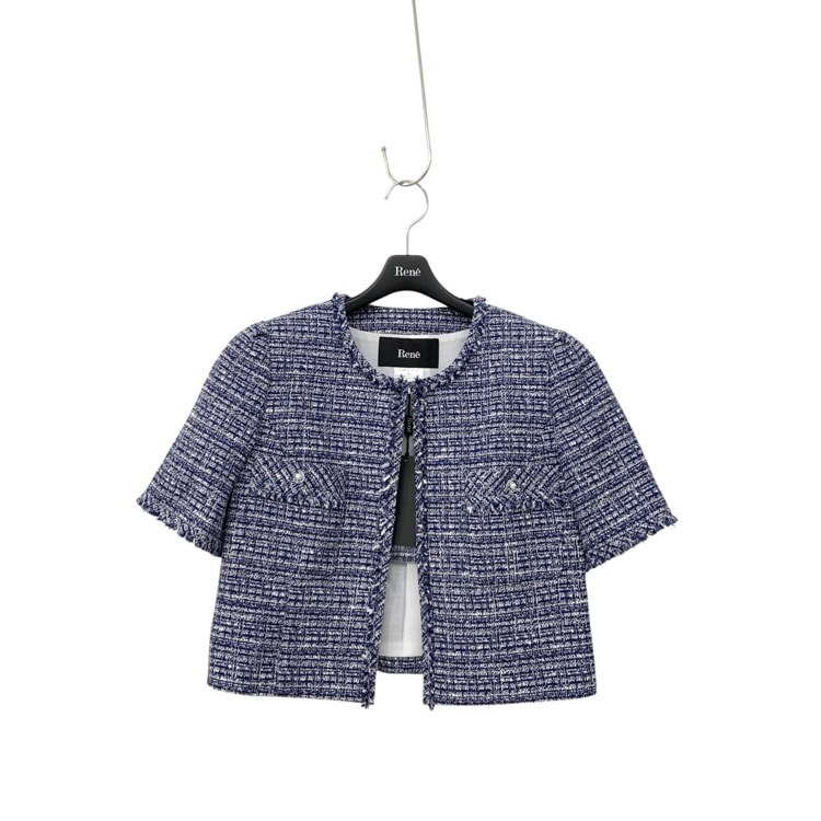 2025 Rene ルネ ツイード ジャケット ノーカラー ブルー 36 5523020