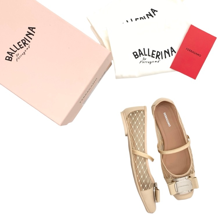 2025年 FERRAGAMO フェラガモ バレリーナ100周年限定 ニューヴァラプレート メッシュ＆リボン ベージュ 6C