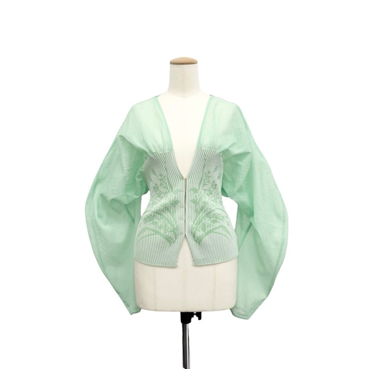 2025SS Mame Kurogouchi マメクロゴウチ Sheer Rounded Sleeve Knitted Cardigan シアー カーディガン グリーン 2 MM25SS-KN066