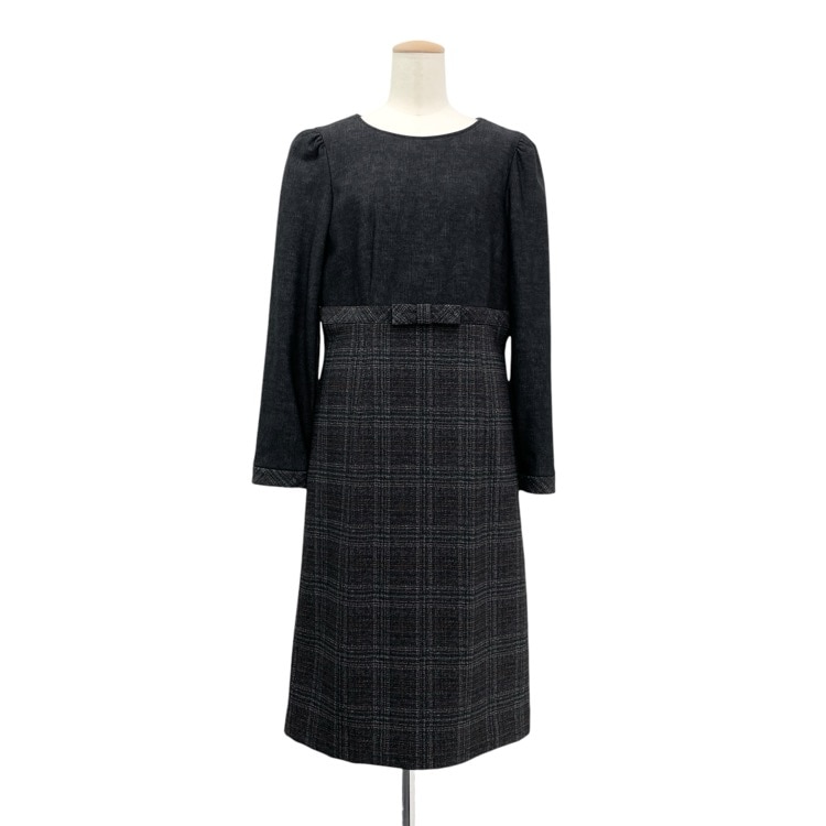 M'S GRACY エムズグレイシー ボンディング 切替 チェック ワンピース ブラック 40 211612