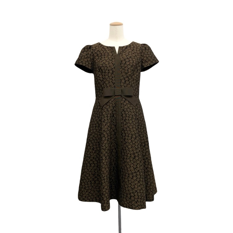 2025年 M'S GRACY エムズグレイシー フラワージャガードワンピース お花 グログランリボン ブラウン×ブラック 36 511507