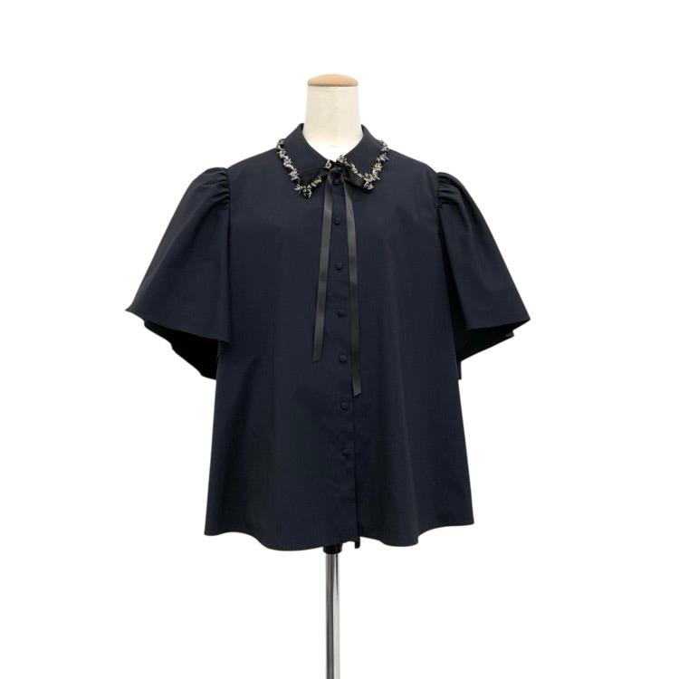 Rene ルネ ボウタイリボン付 ブラウス パフスリーブ ネイビー 38 6431021